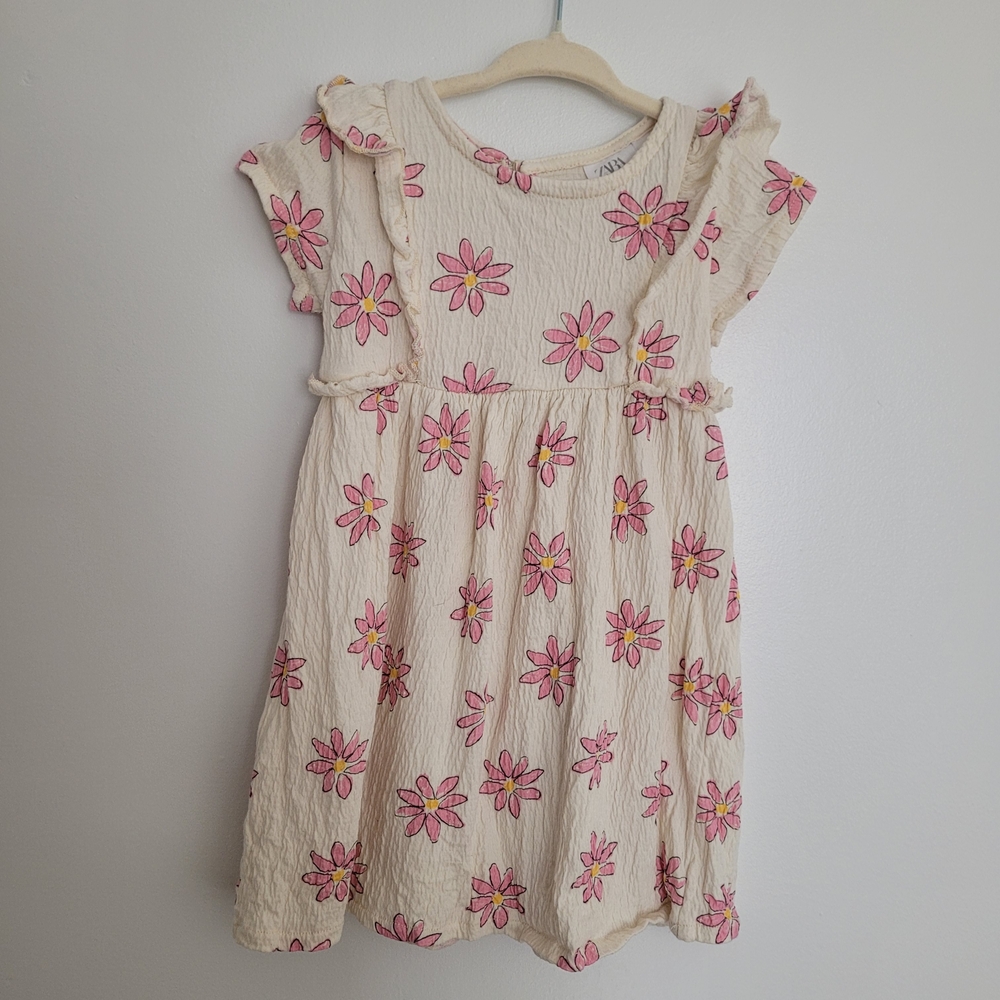 ✨3/$45✨Zara 2-3T Girl Cream Dress Pink Daisy Floral Print Spring Ruffles